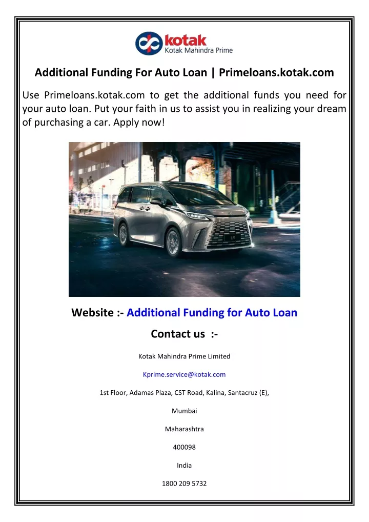 additional funding for auto loan primeloans kotak