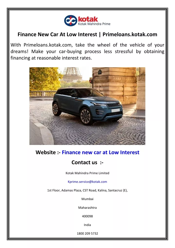 finance new car at low interest primeloans kotak