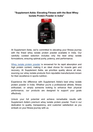 "Supplement Adda: Unleashing the Power of Best Whey Isolate Protein Powder in In