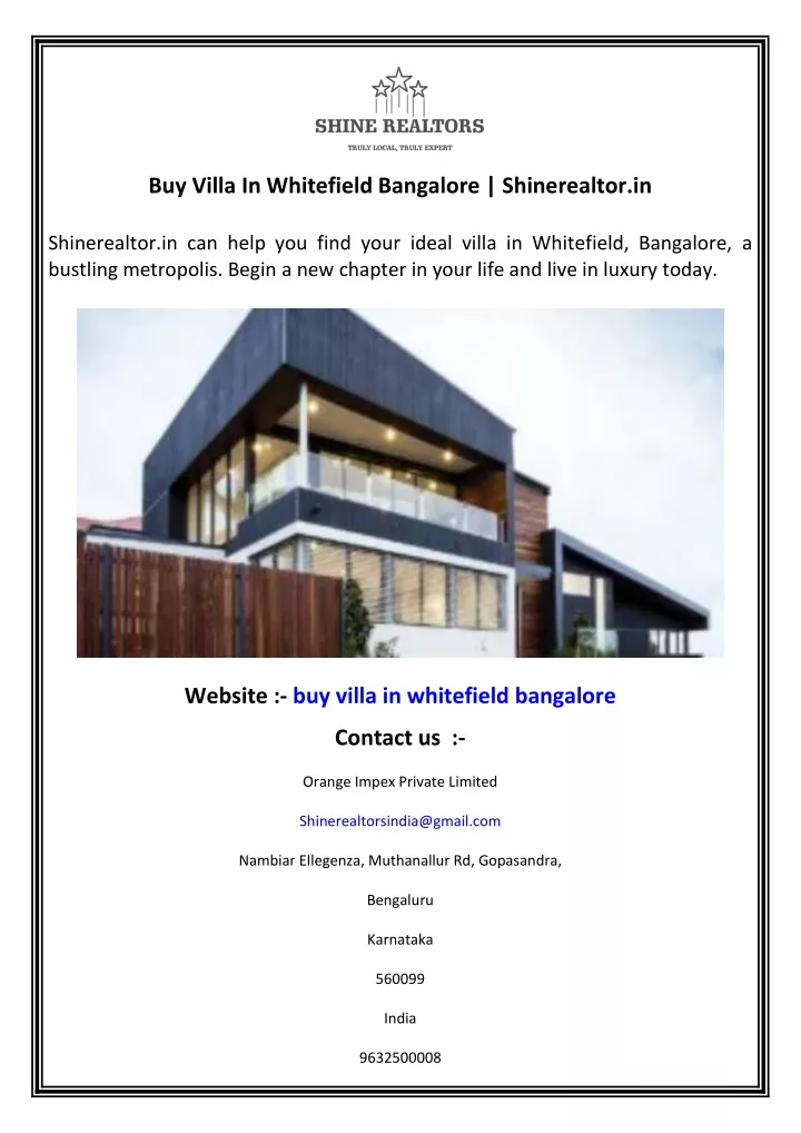 buy villa in whitefield bangalore shinerealtor in