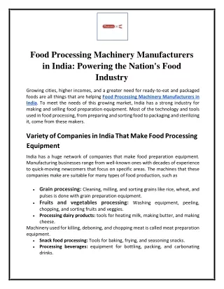 Food Processing Machinery Manufacturers in India Powering the Nation's Food Industry