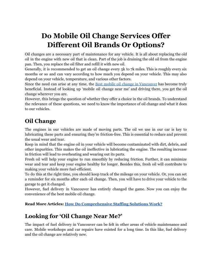 do mobile oil change services offer different