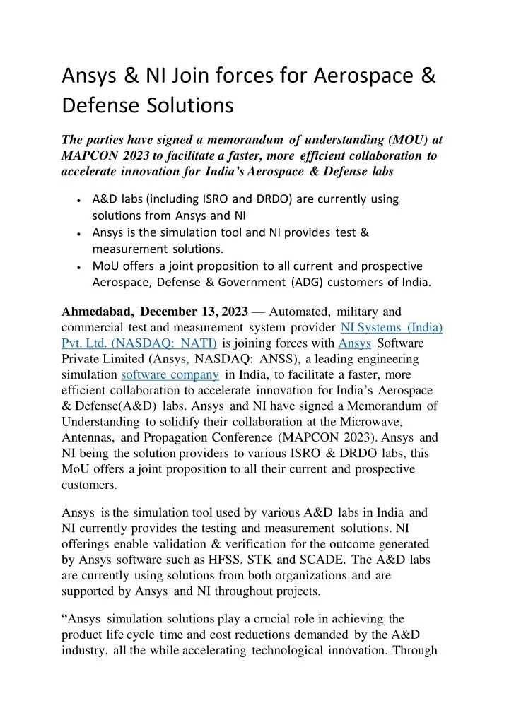 ansys ni join forces for aerospace defense solutions