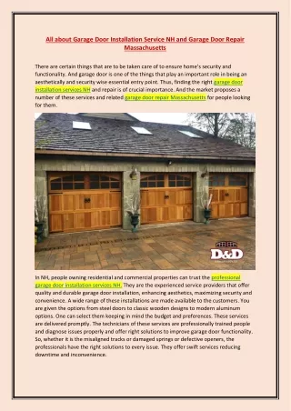 All about Garage Door Installation Service NH and Garage Door Repair Massachusetts