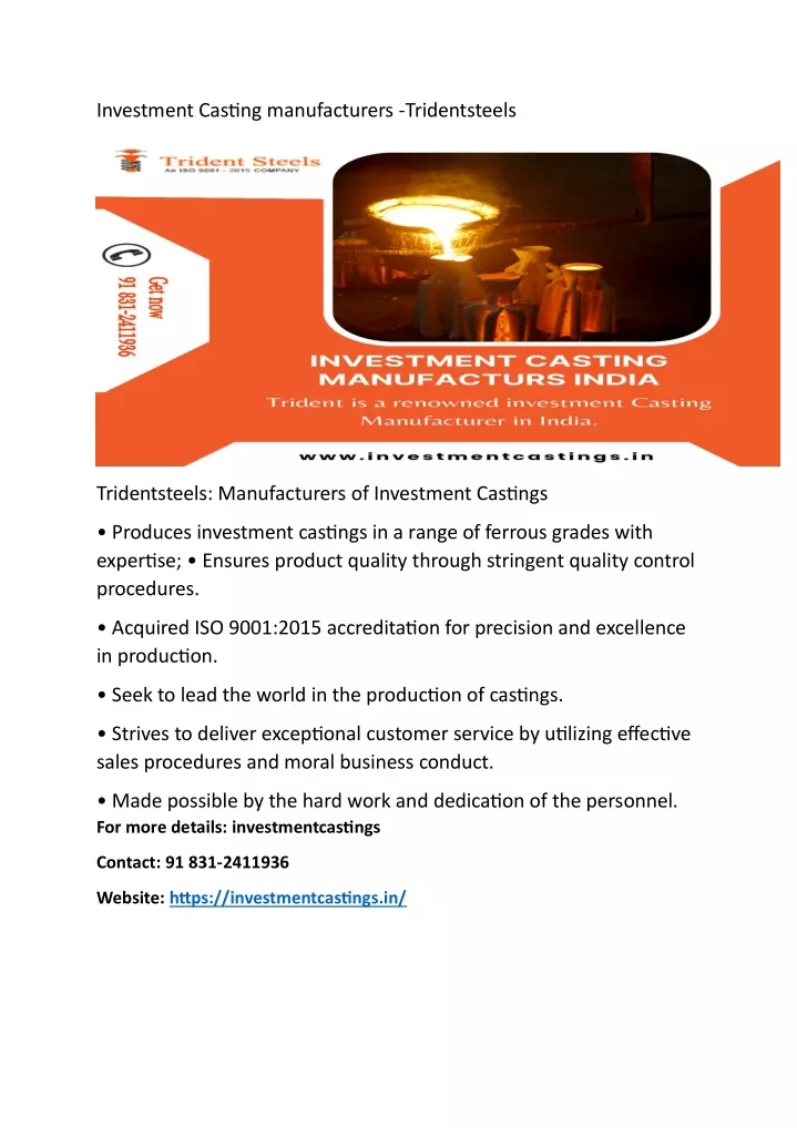 investment casting manufacturers tridentsteels