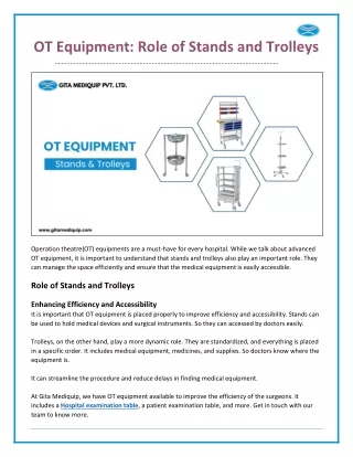 OT Equipment: Role of Stands and Trolleys