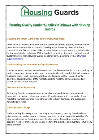 Ensuring Quality Lumber Supplies in Oshawa with Housing Guards