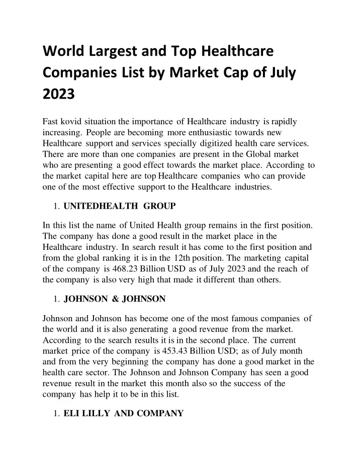 world largest and top healthcare companies list by market cap of july 2023
