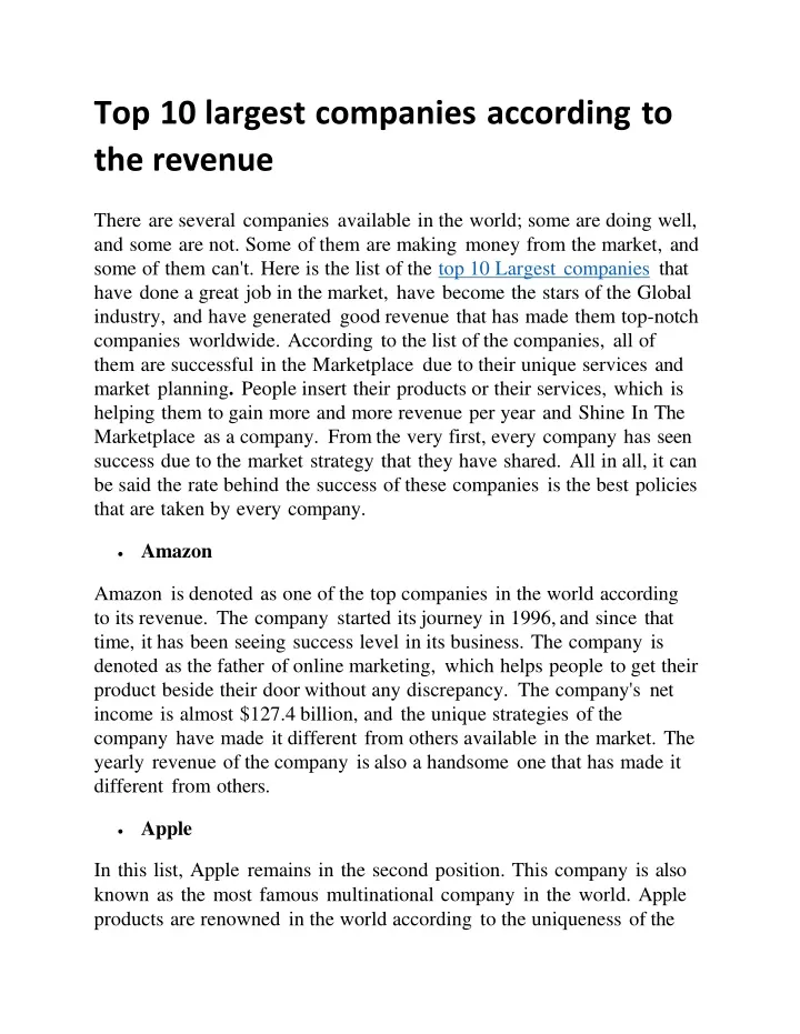 top 10 largest companies according to the revenue