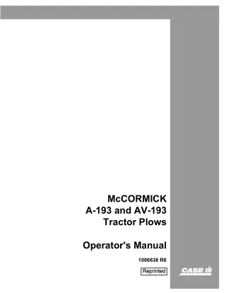 Case IH McCormick A-193 and AV-193 Tractor Plows Operator’s Manual Instant Download (Publication No.1006638R6)