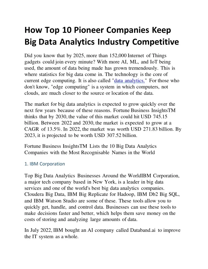 how top 10 pioneer companies keep big data analytics industry competitive