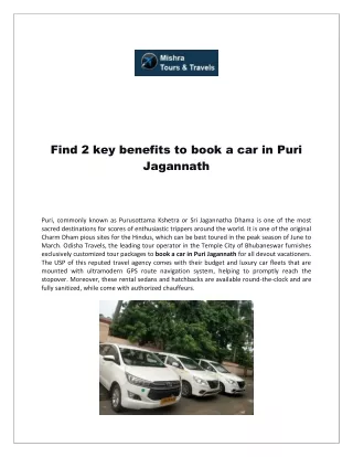 Find 2 key benefits to book a car in Puri Jagannath