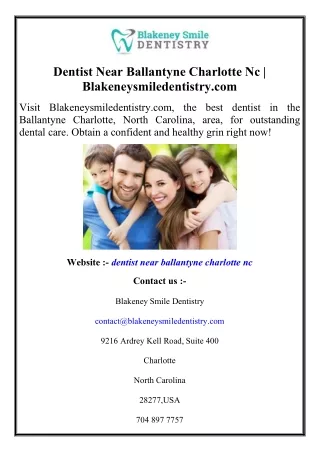 Dentist Near Ballantyne Charlotte Nc  Blakeneysmiledentistry.com