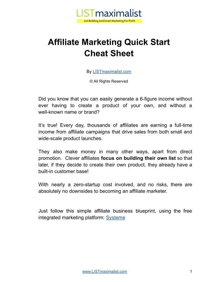affiliate marketing quick start cheat sheet