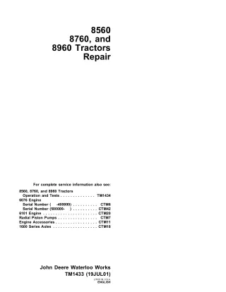 John Deere 8760 Tractors Service Repair Operation and Test Manual (TM1433   TM1434)