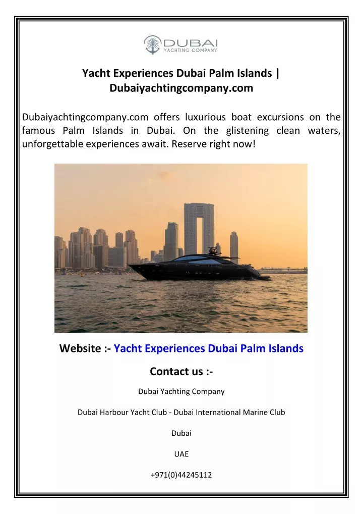 Ppt Yacht Experiences Dubai Palm Islands Dubaiyachtingcompany Com