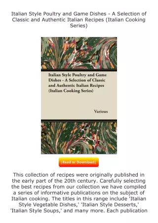 ❤PDF⚡ Italian Style Poultry and Game Dishes - A Selection of Classic and Au