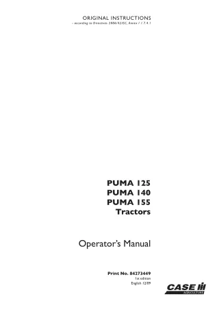 Case IH PUMA 125 PUMA 140 PUMA 155 Tractors Operator’s Manual Instant Download (Publication No.84273449)