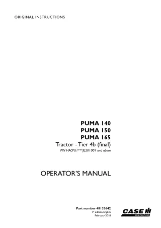 Case IH PUMA 140 PUMA 150 PUMA 165 Tier4B (final) Tractor (Pin.HACPUIJE201001 and above) Operator’s Manual Instant Downl