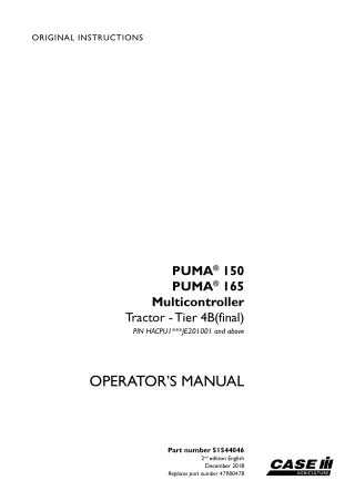 Case IH PUMA 150 PUMA 165 Multicontroller Tier4B (final) Tractor (Pin.HACPUIJE201001 and above) Operator’s Manual Instan