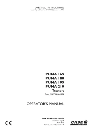 Case IH PUMA 165 PUMA 180 PUMA 195 PUMA 210 Tractors (Pin.Z9BH60001) Operator’s Manual Instant Download (Publication No.