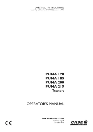 Case IH PUMA 170 PUMA 185 PUMA 200 PUMA 215 Tractors Operator’s Manual Instant Download (Publication No.84357583)