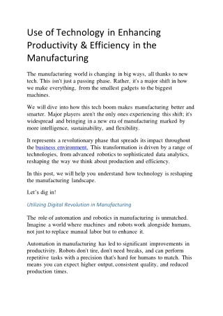 use of technology in enhancing productivity efficiency in the manufacturing