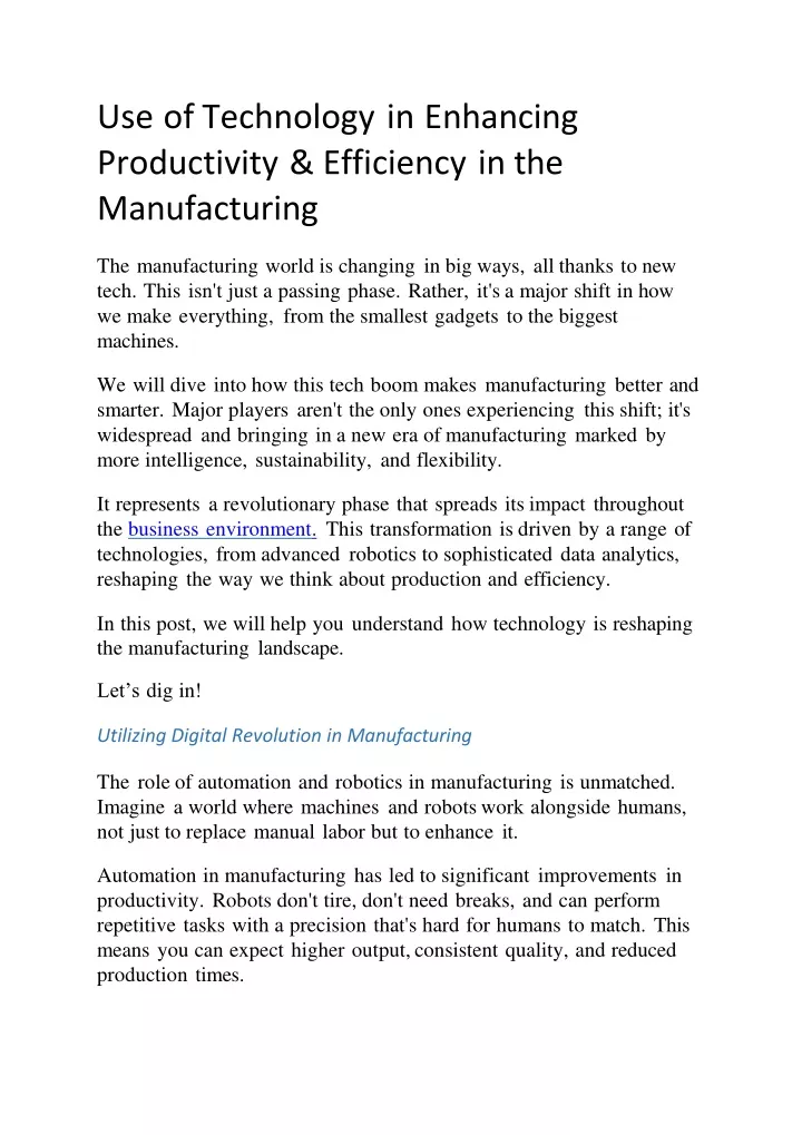 use of technology in enhancing productivity efficiency in the manufacturing