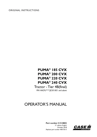 Case IH PUMA 185CVX PUMA 200CVX PUMA 220CVX PUMA 240CVX Tier4B (final) Tractor (Pin.HACPUJE501001 and above) Operator’s