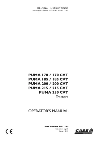 Case IH PUMA 170170CVT PUMA 185185CVT PUMA 200200CVT PUMA 215215CVT PUMA 230CVT Tractors Operator’s Manual Instant Downl
