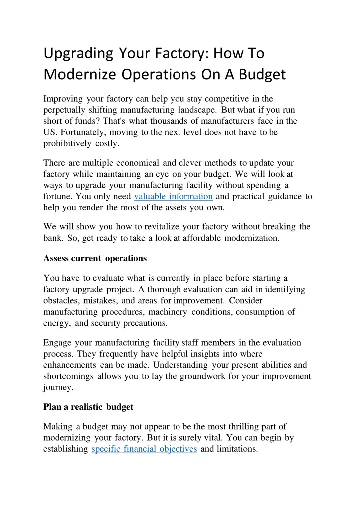 upgrading your factory how to modernize operations on a budget