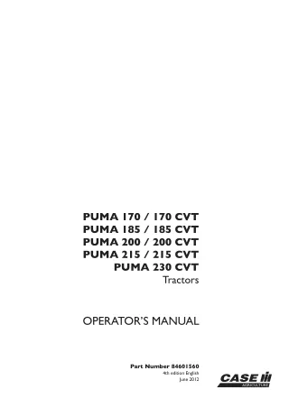 Case IH Puma 170170CVT Puma 185185CVT Puma 200200CVT Puma 215215CVT Puma 230CVT Tractors Operator’s Manual Instant Downl