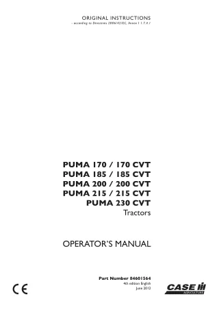 Case IH Puma 170170CVT Puma 185185CVT Puma 200200CVT Puma 215215CVT Puma 230CVT Tractors Operator’s Manual Instant Downl