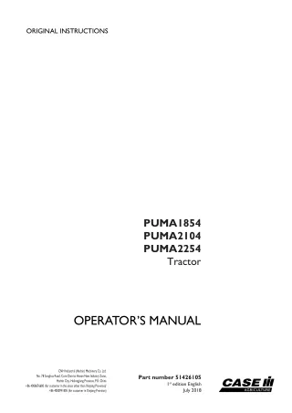 Case IH PUMA1854 PUMA2104 PUMA2254 Tractor Operator’s Manual Instant Download (Publication No.51426105)