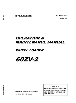 Kawasaki 60ZV-2 WHEEL LOADER Operation and Maintenance manual (Serial No. 60C3-5001 and up)