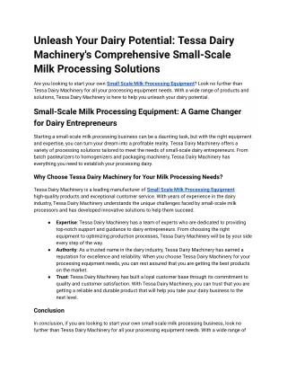 Unleash Your Dairy Potential: Tessa Dairy Machinery's Comprehensive Small-Scale