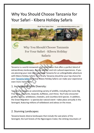 Why You Should Choose Tanzania for Your Safari - Kibera Holiday Safaris