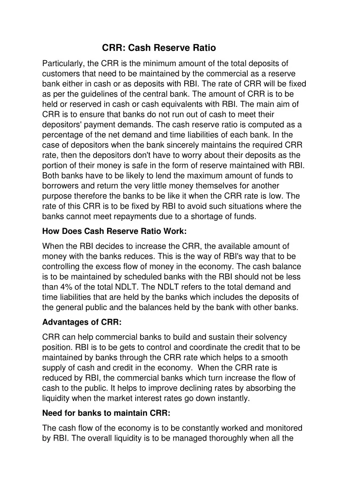 crr cash reserve ratio