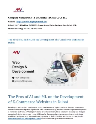 Pros of AI and ML on the Development of E-Commerce Websites in Dubai