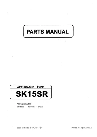 Kobelco SK15SR Mini Excavator Parts Catalogue Manual (SN PU07001 to 07254)