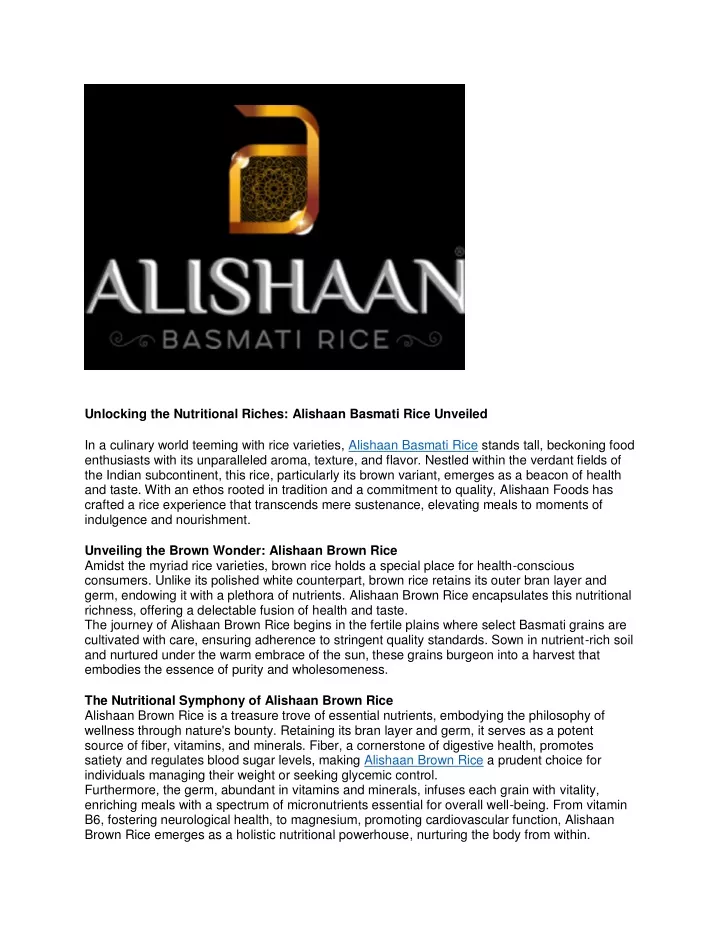 unlocking the nutritional riches alishaan basmati