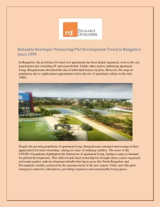 Reliaable Developer Pioneering Plot Development Trend in Bangalore since 1999