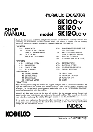 Kobelco SK100 V, SK120 V, SK120LC V Crawler Excavator Service Repair Manual (LP11001 ～)