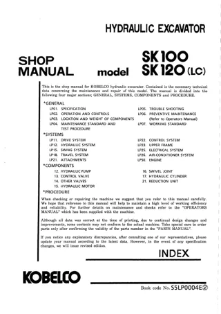 Kobelco SK100, SK120, SK120LC Crawler Excavator Service Repair Manual (YW-2801 ～)