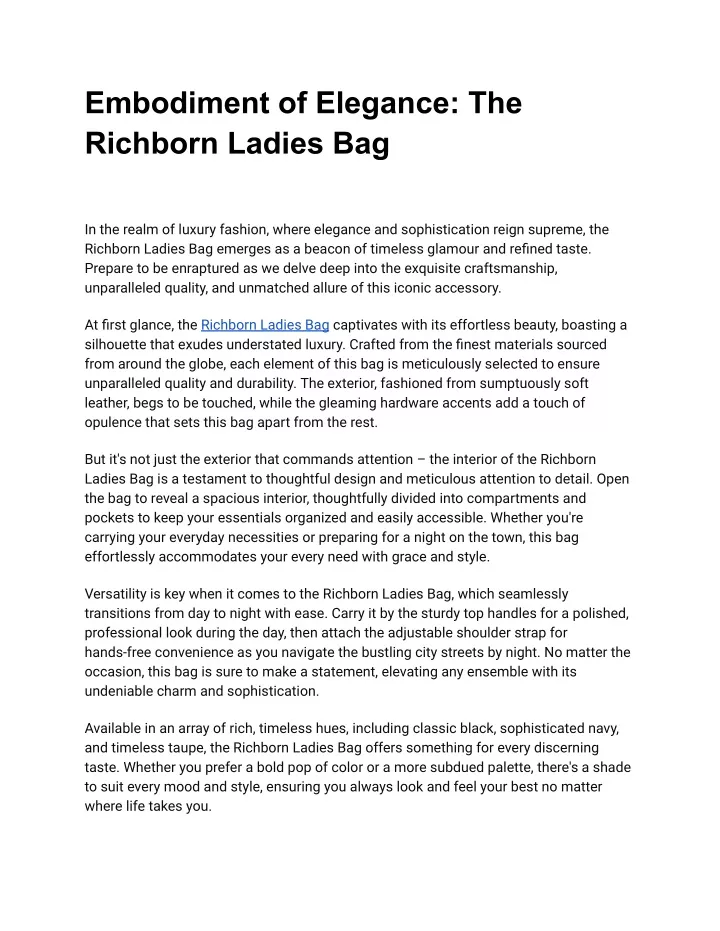 embodiment of elegance the richborn ladies bag