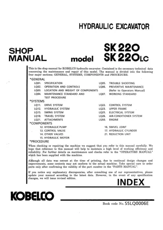 Kobelco SK220 Crawler Excavator Service Repair Manual (LQ-03075 ～, LL-02081 ～)