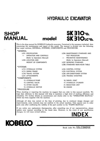 Kobelco SK310 III Crawler Excavator Service Repair Manual (LC03801 ～, YC01101 ～)