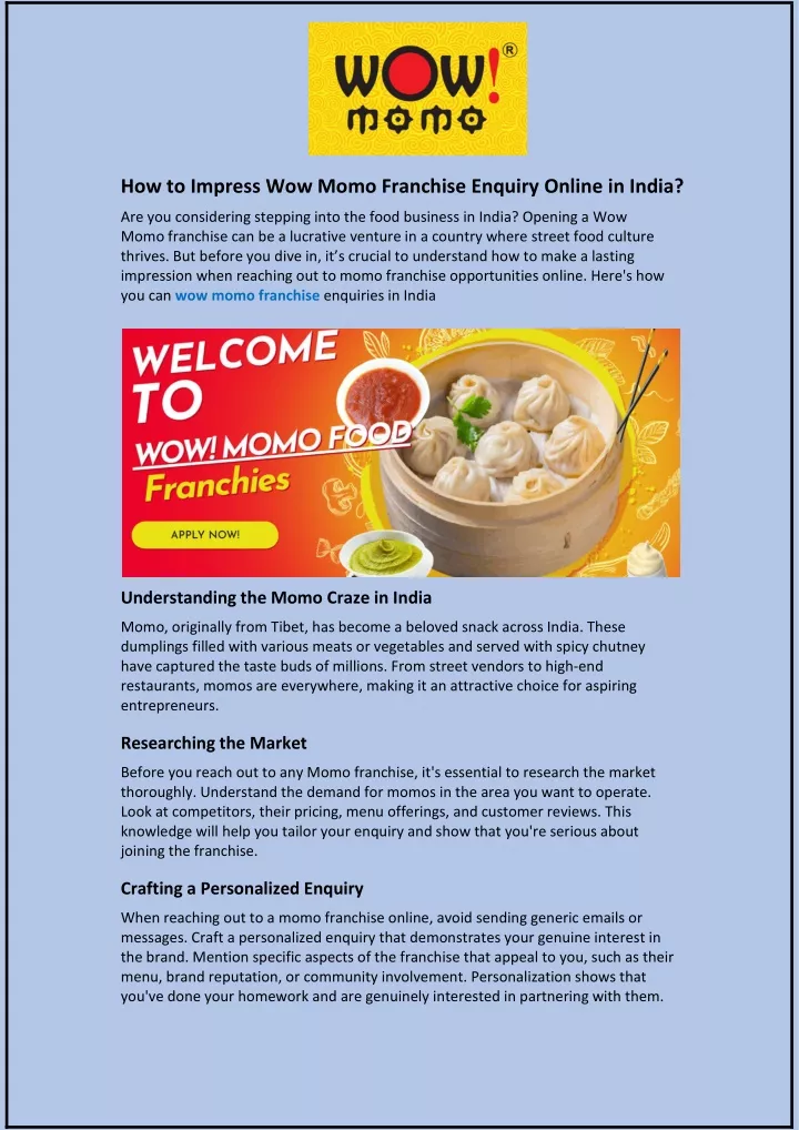 how to impress wow momo franchise enquiry online