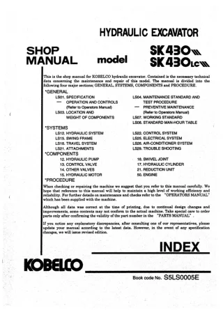 Kobelco SK430 III, SK430LC III Crawler Excavator Service Repair Manual (LS00801 ～)