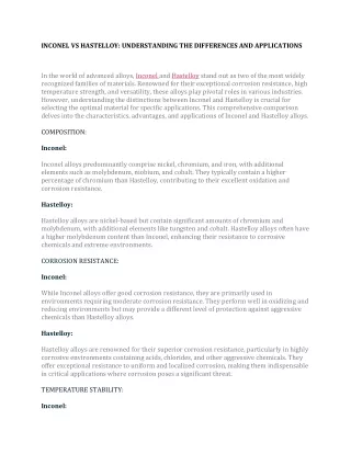 INCONEL VS HASTELLOY UNDERSTANDING THE DIFFERENCES AND APPLICATIONS